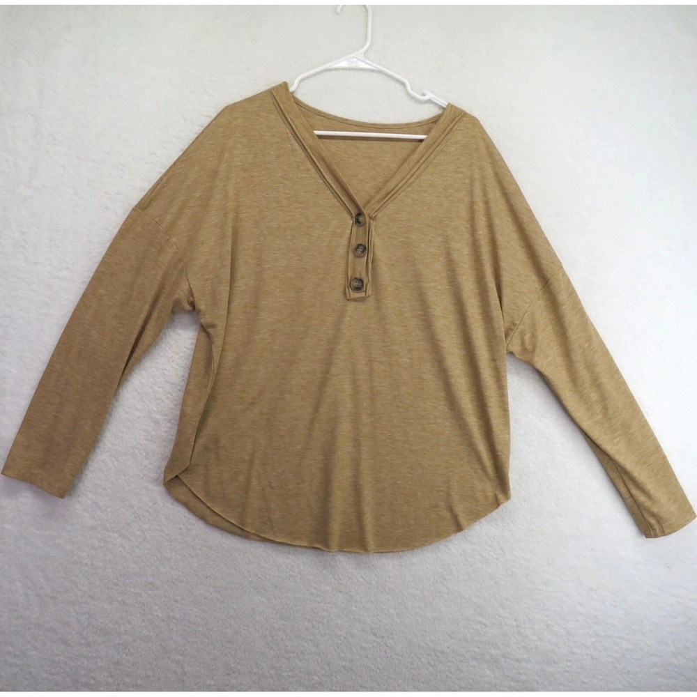 SHEIN Women's XL 12 Tan Heathered V-Neck Henley Long Sleeve Dolman Top Shirt